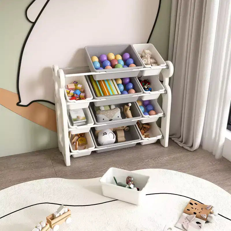 Whisen Meuble de rangement pour jouets d'enfants, Organisateur de jouets, Étagère à livres pour enfants avec 2 niveaux, Rangement de jouets avec 12 bacs de rangement