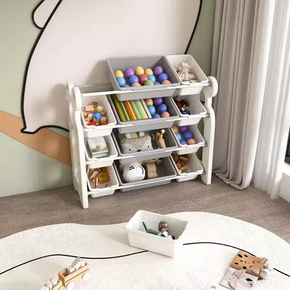 Whisen Meuble de rangement pour jouets d'enfants, Organisateur de jouets, Étagère à livres pour enfants avec 2 niveaux, Rangement de jouets avec 12 bacs de rangement