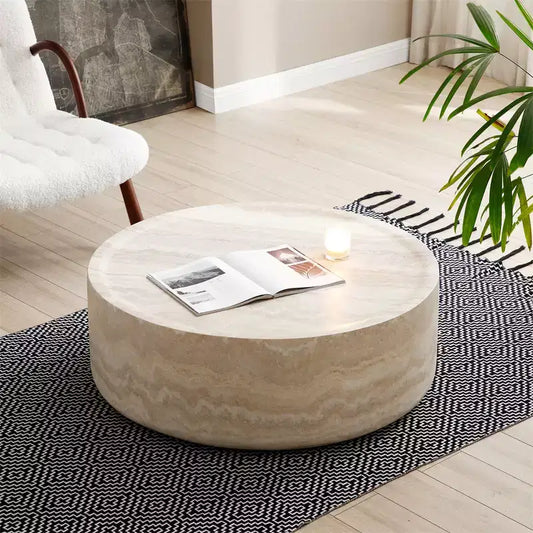 Round Fiberglass Drum Coffee Table, Modern Centerpiece, No Assembly Needed, for Living Room or Office