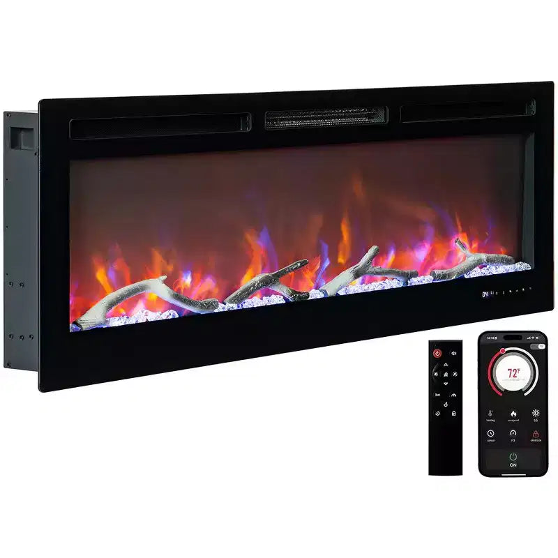 Cheminée électrique encastrable CuisinSmart 50 pouces, télécommande et application WiFi intelligente, deux réglages de chaleur, écran tactile, design moderne et fin