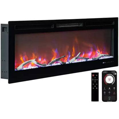 Cheminée électrique encastrable CuisinSmart 50 pouces, télécommande et application WiFi intelligente, deux réglages de chaleur, écran tactile, design moderne et fin