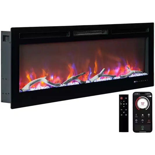 Cheminée électrique encastrable CuisinSmart 50 pouces, télécommande et application WiFi intelligente, deux réglages de chaleur, écran tactile, design moderne et fin
