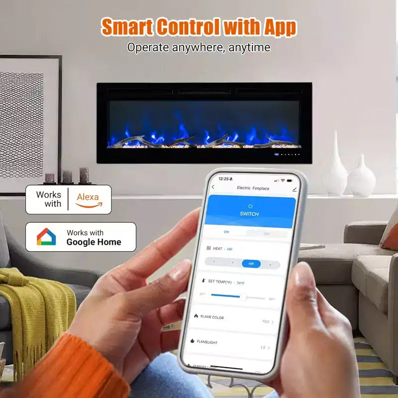 Cheminée électrique encastrable CuisinSmart 50 pouces, télécommande et application WiFi intelligente, deux réglages de chaleur, écran tactile, design moderne et fin