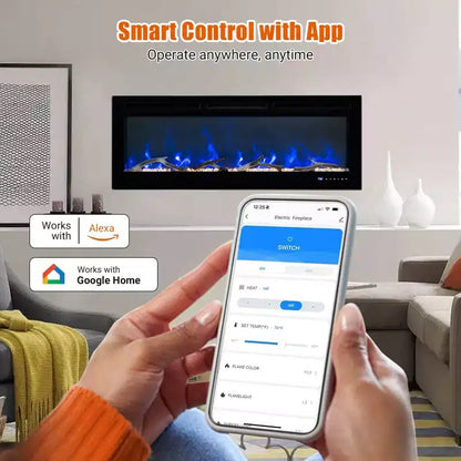 Cheminée électrique encastrable CuisinSmart 50 pouces, télécommande et application WiFi intelligente, deux réglages de chaleur, écran tactile, design moderne et fin