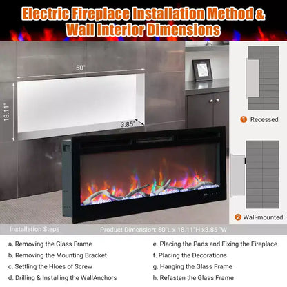 Cheminée électrique encastrable CuisinSmart 50 pouces, télécommande et application WiFi intelligente, deux réglages de chaleur, écran tactile, design moderne et fin
