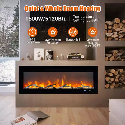Cheminée électrique encastrable CuisinSmart 50 pouces, télécommande et application WiFi intelligente, deux réglages de chaleur, écran tactile, design moderne et fin