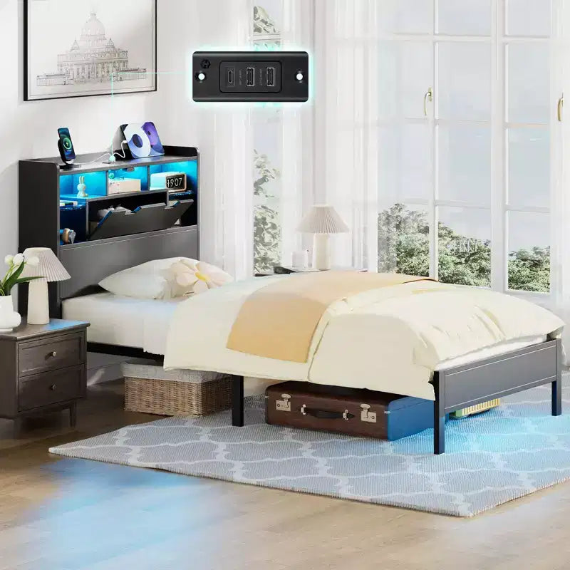 Greenstell Bed Frame with Headboard, Bed Frame with Built-in Charging Station & LED Light, Storage Shelf, Black