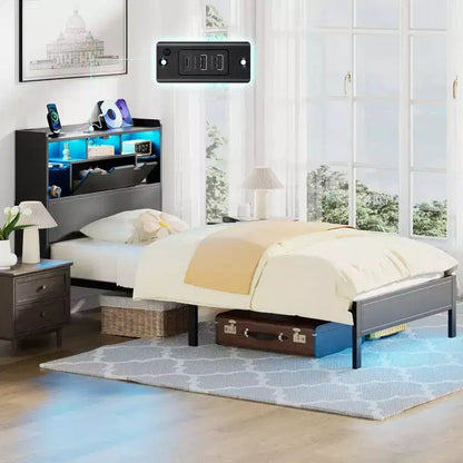 Greenstell Bed Frame with Headboard, Bed Frame with Built-in Charging Station & LED Light, Storage Shelf, Black