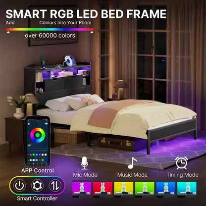 Cadre de lit Greenstell avec tête de lit, cadre de lit avec station de charge intégrée et lumière LED, étagère de rangement, noir