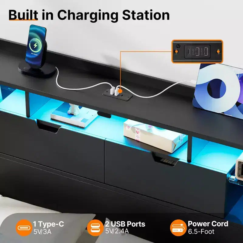 Cadre de lit Greenstell avec tête de lit, cadre de lit avec station de charge intégrée et lumière LED, étagère de rangement, noir