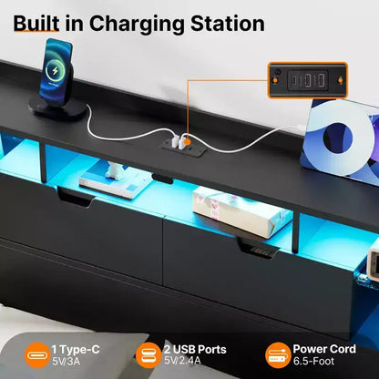 Cadre de lit Greenstell avec tête de lit, cadre de lit avec station de charge intégrée et lumière LED, étagère de rangement, noir