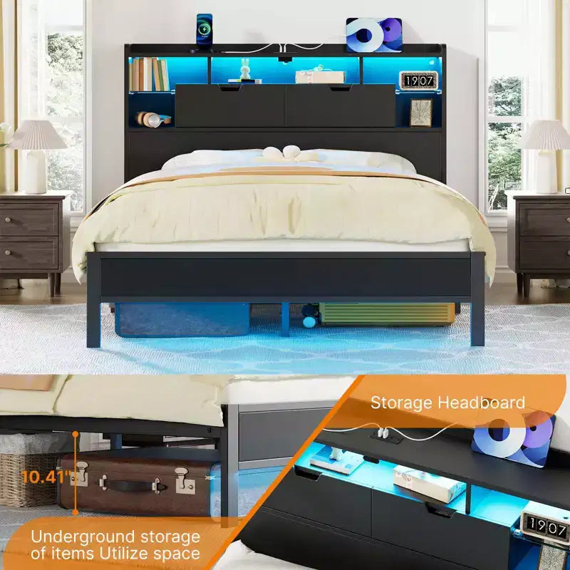 Cadre de lit Greenstell avec tête de lit, cadre de lit avec station de charge intégrée et lumière LED, étagère de rangement, noir