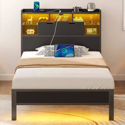 Cadre de lit Greenstell avec tête de lit, cadre de lit avec station de charge intégrée et lumière LED, étagère de rangement, noir