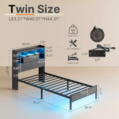 Cadre de lit Greenstell avec tête de lit, cadre de lit avec station de charge intégrée et lumière LED, étagère de rangement, noir