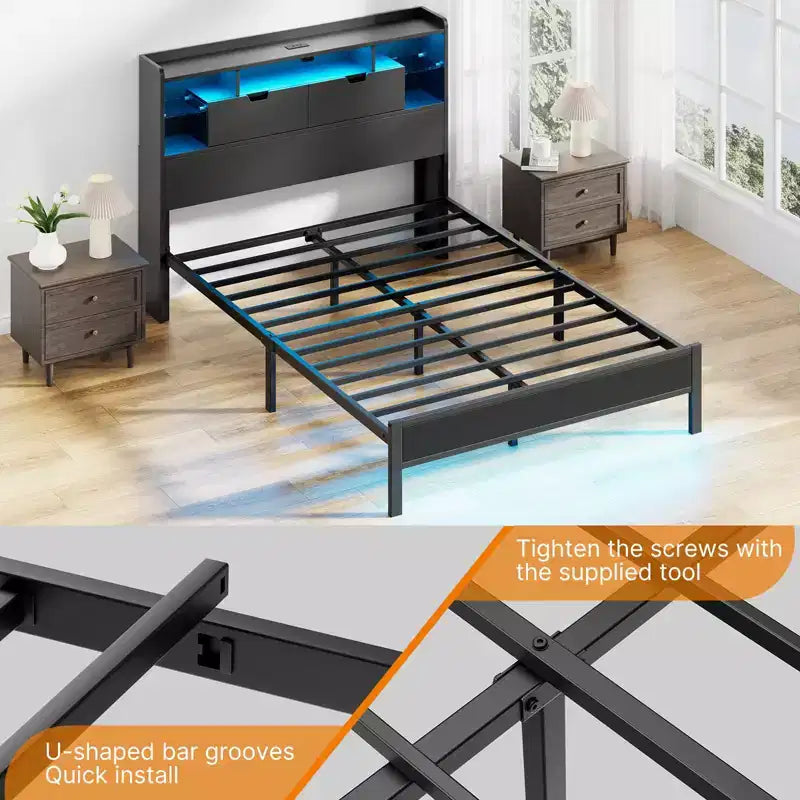 Cadre de lit Greenstell avec tête de lit, cadre de lit avec station de charge intégrée et lumière LED, étagère de rangement, noir