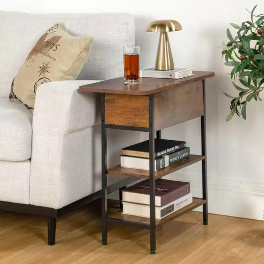 FurnitureR Nightstand with Charging Station, USB Ports & Outlets, 3-Tier End Side Table with Storage Shelves and Cabinet for Living Room, Bedroom