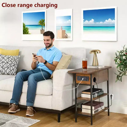 Table de chevet FurnitureR avec station de recharge, ports USB et prises électriques, table d'appoint à 3 niveaux avec étagères de rangement et armoire pour salon, chambre à coucher