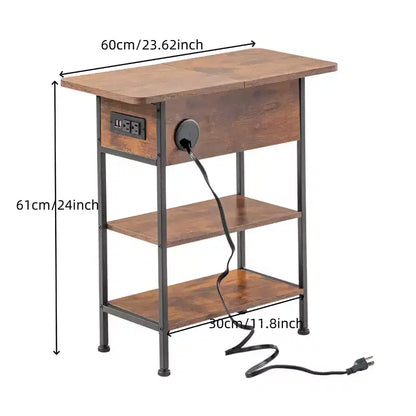 Table de chevet FurnitureR avec station de recharge, ports USB et prises électriques, table d'appoint à 3 niveaux avec étagères de rangement et armoire pour salon, chambre à coucher