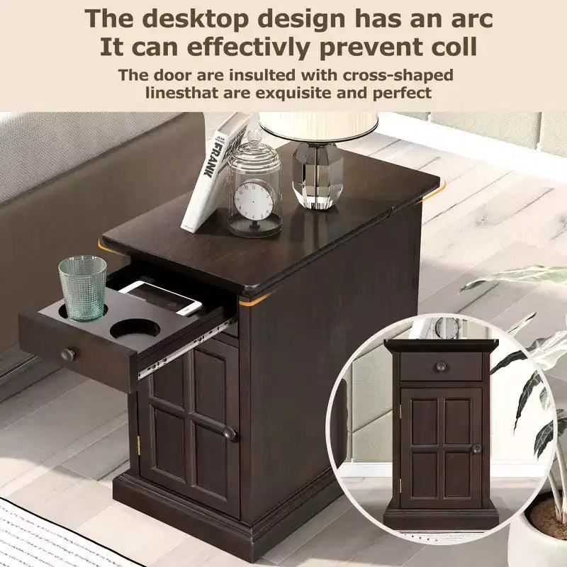Table d'appoint vintage Okak avec ports USB, table de chevet avec 1 tiroir multifonctionnel avec porte-gobelets, table d'appoint pour salon, chambre à coucher