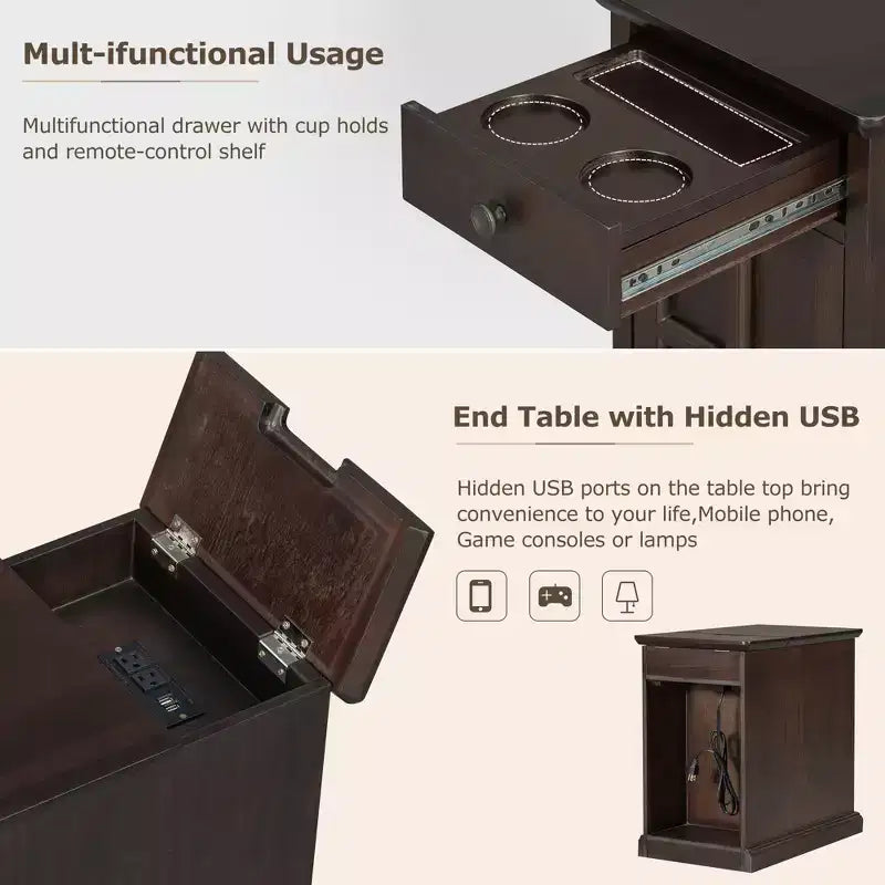 Table d'appoint vintage Okak avec ports USB, table de chevet avec 1 tiroir multifonctionnel avec porte-gobelets, table d'appoint pour salon, chambre à coucher