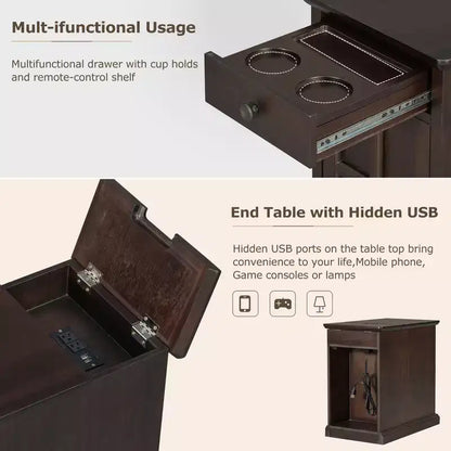 Table d'appoint vintage Okak avec ports USB, table de chevet avec 1 tiroir multifonctionnel avec porte-gobelets, table d'appoint pour salon, chambre à coucher