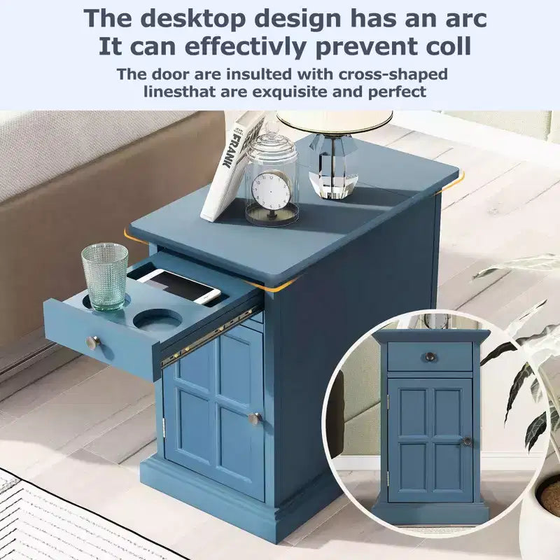 Table d'appoint vintage Okak avec ports USB, table de chevet avec 1 tiroir multifonctionnel avec porte-gobelets, table d'appoint pour salon, chambre à coucher