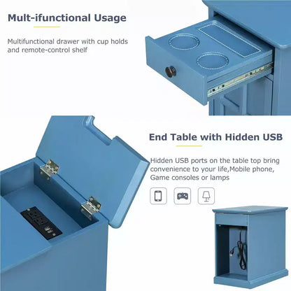 Table d'appoint vintage Okak avec ports USB, table de chevet avec 1 tiroir multifonctionnel avec porte-gobelets, table d'appoint pour salon, chambre à coucher