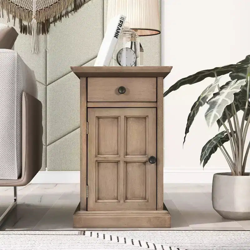 Table d'appoint vintage Okak avec ports USB, table de chevet avec 1 tiroir multifonctionnel avec porte-gobelets, table d'appoint pour salon, chambre à coucher