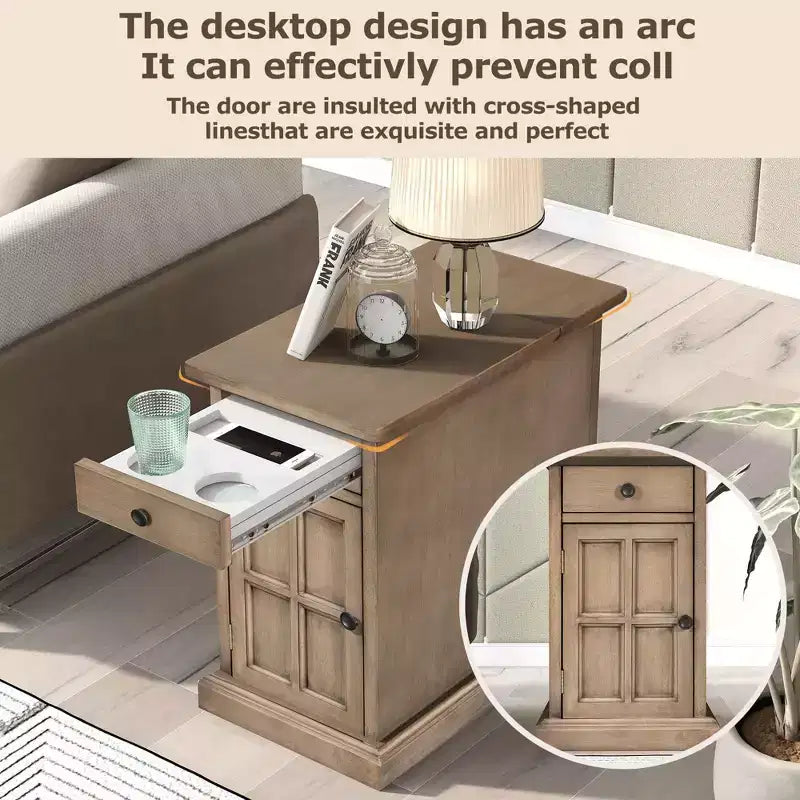 Table d'appoint vintage Okak avec ports USB, table de chevet avec 1 tiroir multifonctionnel avec porte-gobelets, table d'appoint pour salon, chambre à coucher