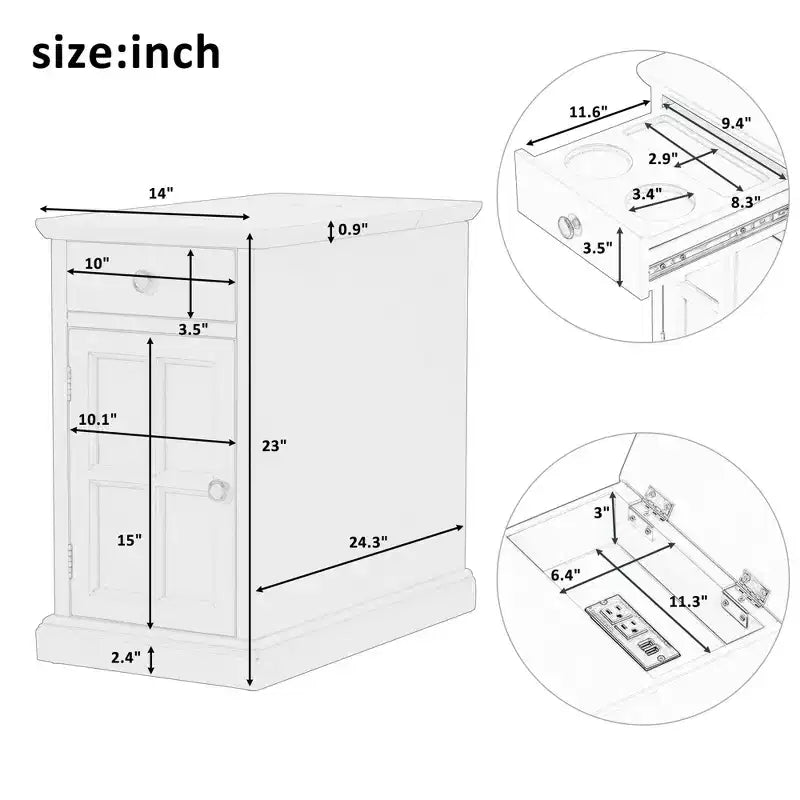 Table d'appoint vintage Okak avec ports USB, table de chevet avec 1 tiroir multifonctionnel avec porte-gobelets, table d'appoint pour salon, chambre à coucher