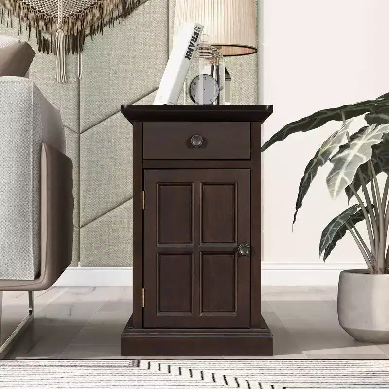 Table d'appoint vintage Okak avec ports USB, table de chevet avec 1 tiroir multifonctionnel avec porte-gobelets, table d'appoint pour salon, chambre à coucher