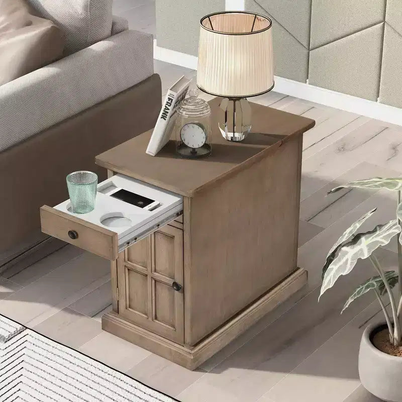 Okak Vintage Side Table with USB Ports, End Table with 1 Multifunctional Drawer with Cup Holders, Accent Table for Living Room, Bedroom