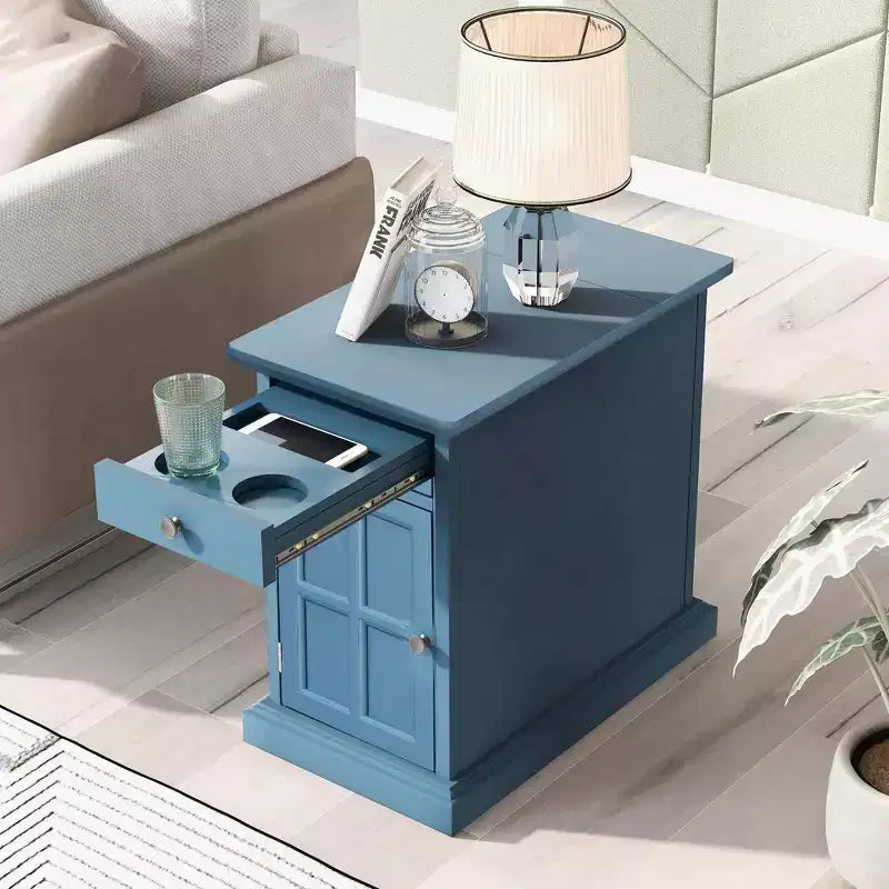 Table d'appoint vintage Okak avec ports USB, table de chevet avec 1 tiroir multifonctionnel avec porte-gobelets, table d'appoint pour salon, chambre à coucher