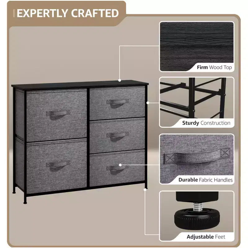 Commode Sorbus à 5 tiroirs – Organisateur de rangement avec cadre en acier, plateau en bois, poignées, bacs en tissu