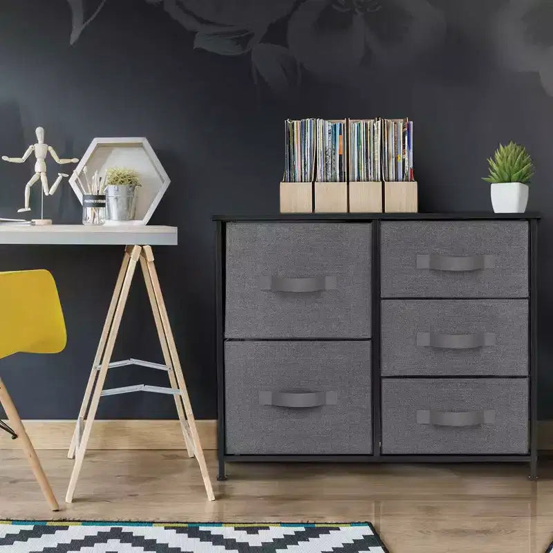 Commode Sorbus à 5 tiroirs – Organisateur de rangement avec cadre en acier, plateau en bois, poignées, bacs en tissu