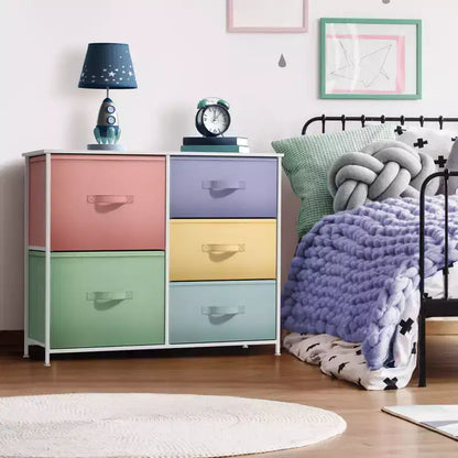 Commode Sorbus à 5 tiroirs – Organisateur de rangement avec cadre en acier, plateau en bois, poignées, bacs en tissu