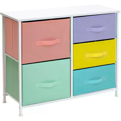 Commode Sorbus à 5 tiroirs – Organisateur de rangement avec cadre en acier, plateau en bois, poignées, bacs en tissu