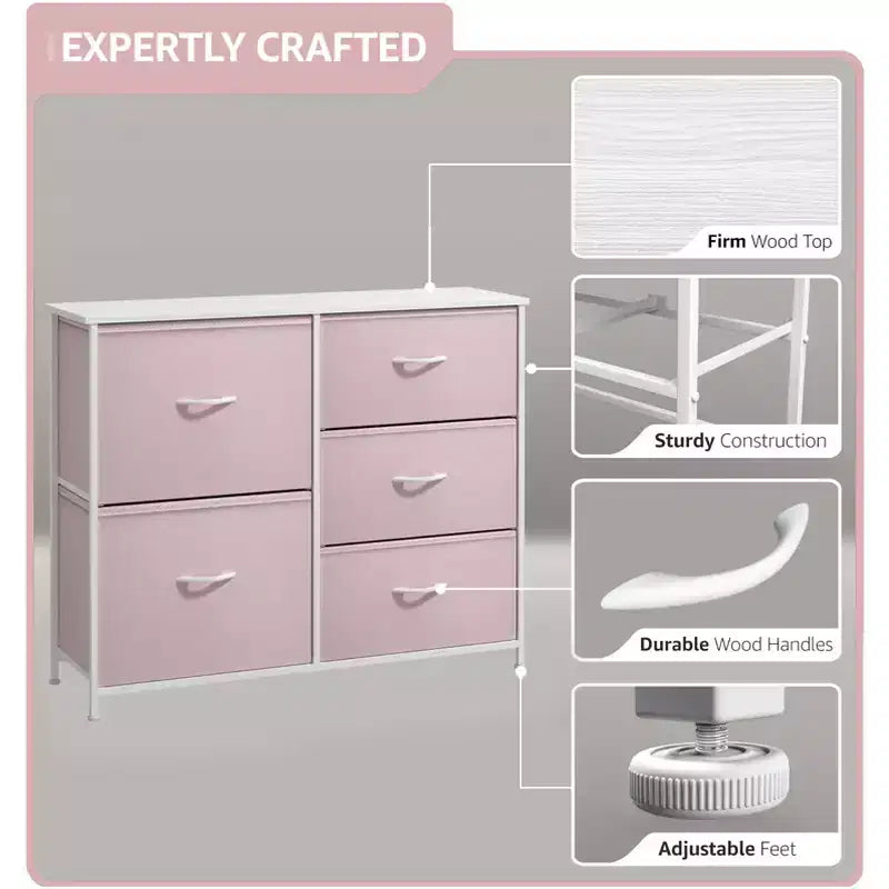 Commode Sorbus à 5 tiroirs – Organisateur de rangement avec cadre en acier, plateau en bois, poignées, bacs en tissu