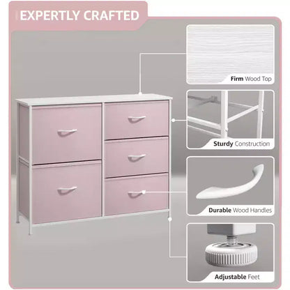 Commode Sorbus à 5 tiroirs – Organisateur de rangement avec cadre en acier, plateau en bois, poignées, bacs en tissu