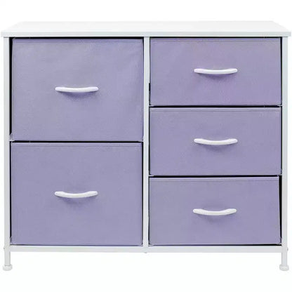 Commode Sorbus à 5 tiroirs – Organisateur de rangement avec cadre en acier, plateau en bois, poignées, bacs en tissu