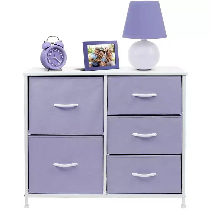 Commode Sorbus à 5 tiroirs – Organisateur de rangement avec cadre en acier, plateau en bois, poignées, bacs en tissu