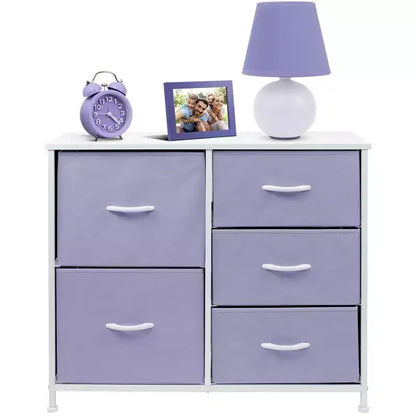 Commode Sorbus à 5 tiroirs – Organisateur de rangement avec cadre en acier, plateau en bois, poignées, bacs en tissu