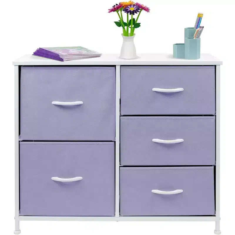 Commode Sorbus à 5 tiroirs – Organisateur de rangement avec cadre en acier, plateau en bois, poignées, bacs en tissu