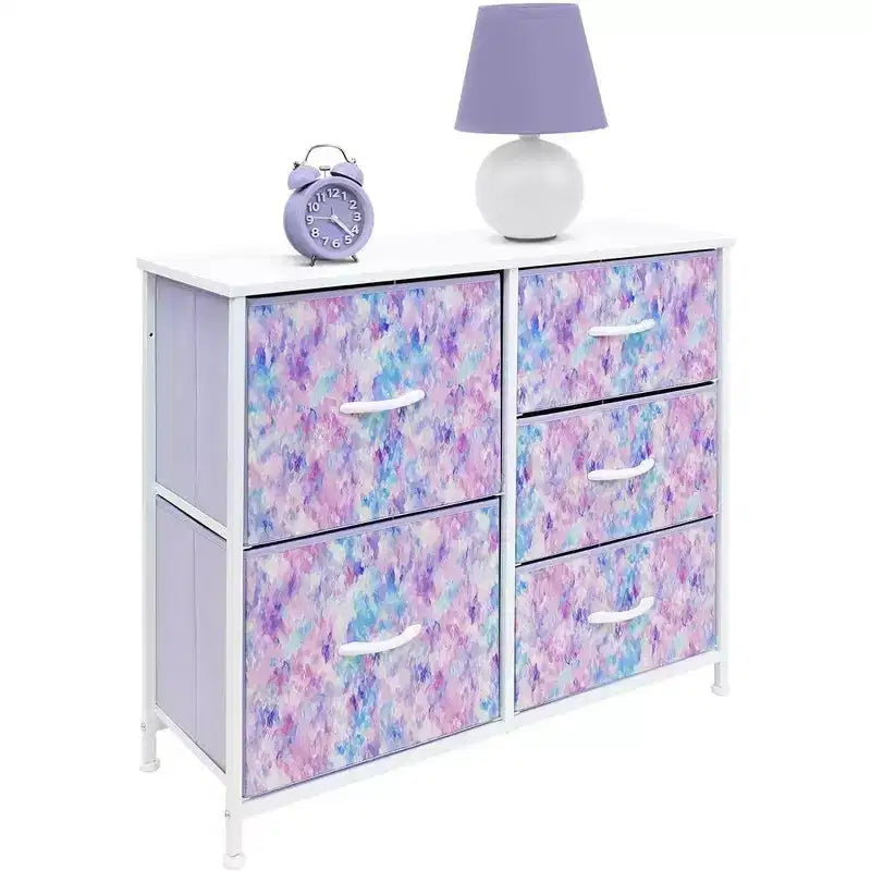 Commode Sorbus à 5 tiroirs – Organisateur de rangement avec cadre en acier, plateau en bois, poignées, bacs en tissu