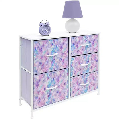 Commode Sorbus à 5 tiroirs – Organisateur de rangement avec cadre en acier, plateau en bois, poignées, bacs en tissu