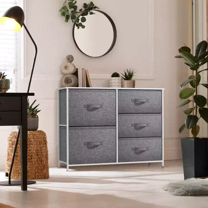 Commode Sorbus à 5 tiroirs – Organisateur de rangement avec cadre en acier, plateau en bois, poignées, bacs en tissu