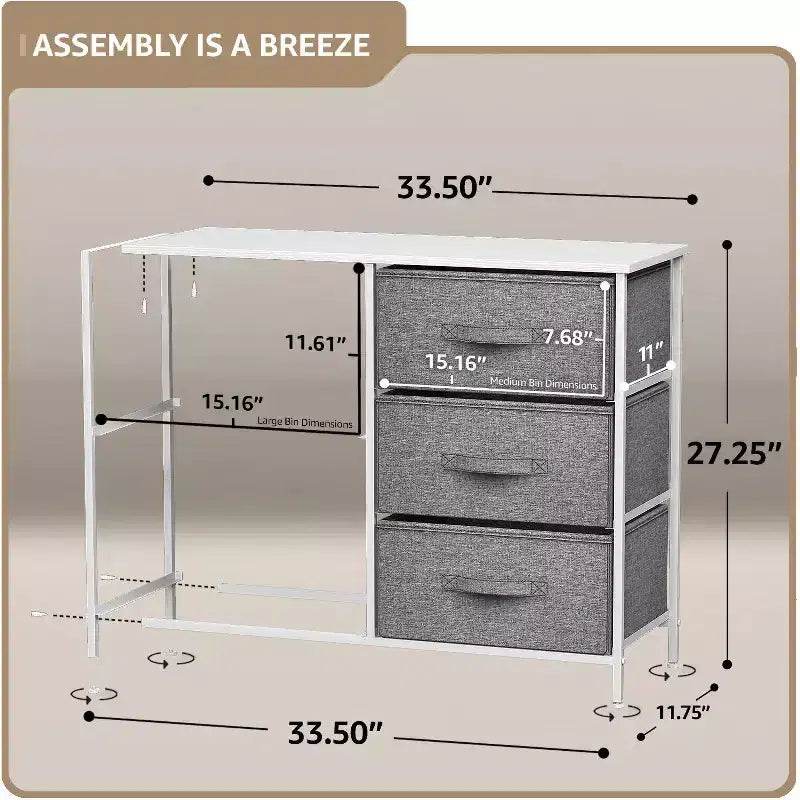 Commode Sorbus à 5 tiroirs – Organisateur de rangement avec cadre en acier, plateau en bois, poignées, bacs en tissu
