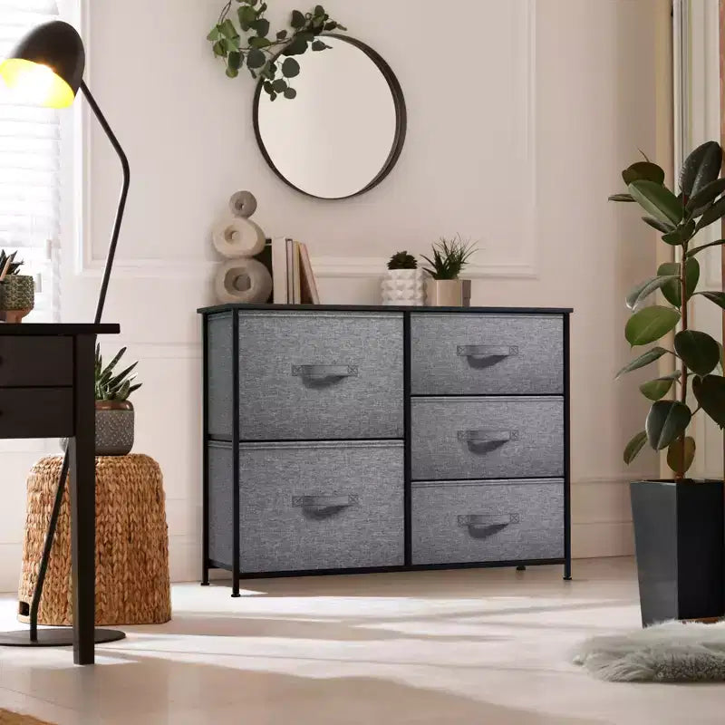 Commode Sorbus à 5 tiroirs – Organisateur de rangement avec cadre en acier, plateau en bois, poignées, bacs en tissu