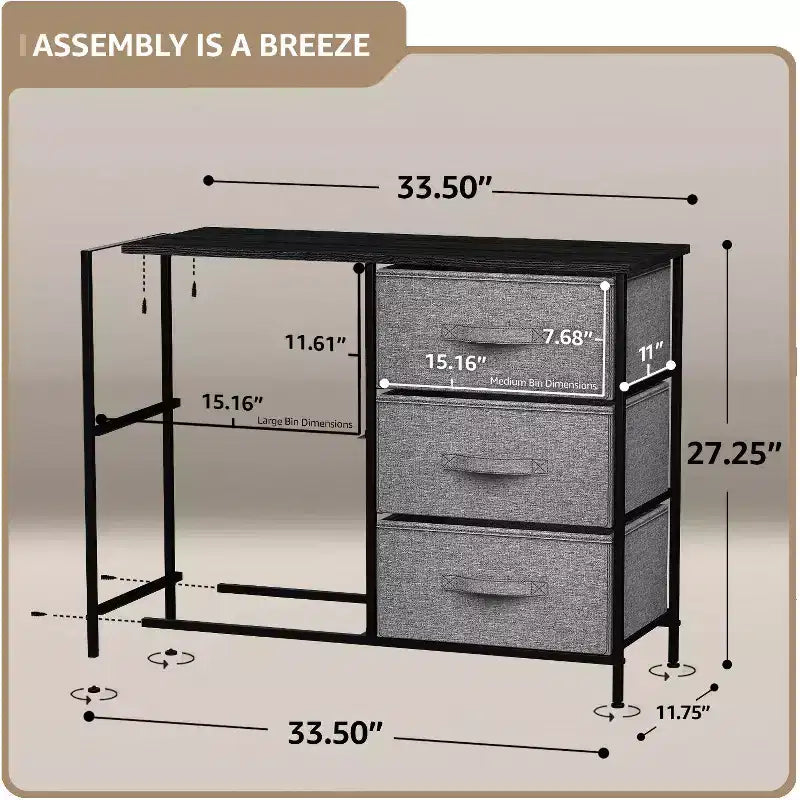 Commode Sorbus à 5 tiroirs – Organisateur de rangement avec cadre en acier, plateau en bois, poignées, bacs en tissu