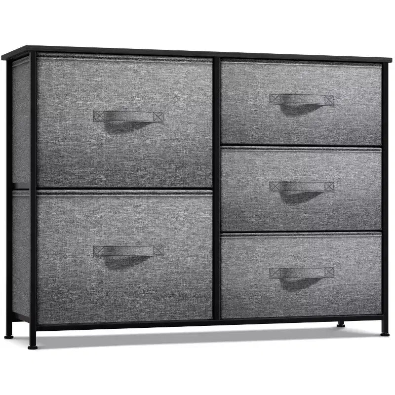 Commode Sorbus à 5 tiroirs – Organisateur de rangement avec cadre en acier, plateau en bois, poignées, bacs en tissu